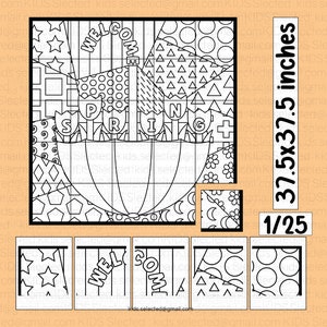 Könnte beinhalten: Eine schwarz-weiße druckbare Malvorlage mit einem Frühlings-Schirm mit den Worten "Willkommen Frühling" und einem Gittermuster. Die Seite ist 95,25 cm x 95,25 cm groß und entspricht 1/25 der Originalgröße.