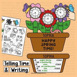 Manualidad para aprender a decir la hora, matemáticas de primavera, maceta con flores, insectos, bichos, escritura, tablón de anuncios