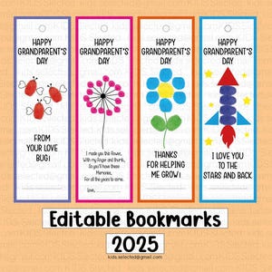 Marcadores de libros con huellas dactilares para manualidades del Día de los Abuelos, recuerdos artísticos, actividades de escritura, proyecto 2024, imprimible para niños de jardín de infantes