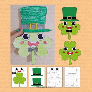May include: A printable craft activity featuring a shamrock with a green hat and bow tie. The craft includes a color-in version and a black and white outline version.
