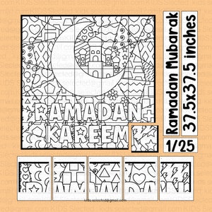 May include: A black and white printable puzzle featuring the phrase "Ramadan Kareem" with a crescent moon and mosque. The puzzle is 37.5 inches by 37.5 inches and is 1 of 25 pieces.