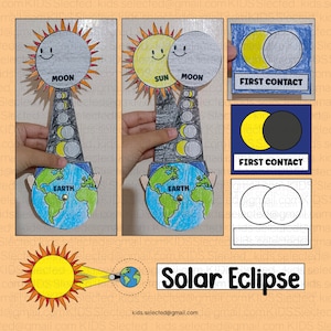 Pode incluir: Uma ilustração colorida que representa um eclipse solar. A ilustração mostra o sol, a lua e a terra em diferentes posições durante o eclipse. O texto "Eclipse solar" está escrito na parte inferior da imagem.