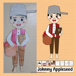 Pode incluir: Uma página para colorir imprimível com Johnny Appleseed, uma figura histórica conhecida por plantar macieiras. A ilustração o mostra carregando uma sacola de maçãs, um livro e uma pá. A página inclui um título, "Johnny Appleseed", e um aviso de direitos autorais.