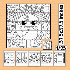 Könnte beinhalten: Ein schwarz-weißes Earth Day-Puzzle mit einem lächelnden Erd-Charakter, Herzen, Sternen und den Worten "HAPPY EARTH DAY". Das Puzzle misst 95.25 cm x 95.25 cm und hat 25 Teile. Ideal für Earth Day-Aktivitäten.