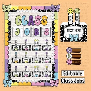 May include: A classroom job chart set featuring a white wood-grain background with a scalloped border in yellow, pink, and purple. The text reads CLASS JOBS with individual labels for roles like Line Leader and Librarian, plus editable name tags.
