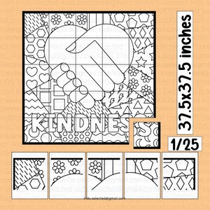 May include: Black and white coloring page with a grid overlay. The image features a heart-shaped handshake with the word "KINDNESS" below it. The image is divided into 25 smaller squares. There are five smaller images below the main image, each showing a different section of the larger image.