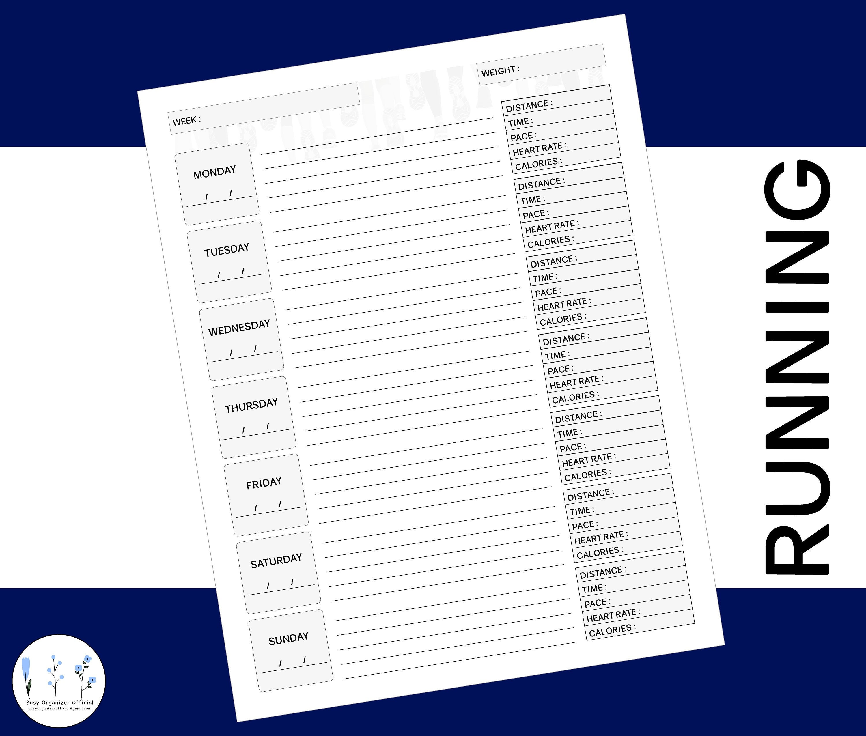 Running Exercise Log Running Log Printable Weekly and Daily Tracker Run Workout Planner Log ...