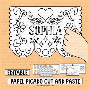 May include: Black and white editable papel picado design with the name "Sophia". The design includes floral and geometric shapes, a heart, and the text "Papel Picado Cut and Paste".