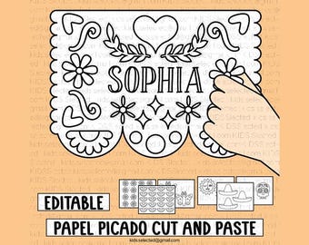 Knutselwerk voor de Maand van het Spaanse Erfgoed (Papel Picado) Knip- en plakwerk Bewerkbare naam Fiesta Mexico