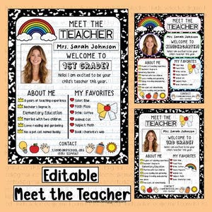 May include: Three editable Meet the Teacher templates with a black and white composition notebook border. Each features a rainbow, a photo placeholder, sections for About Me and My Favorites, and contact information with icons like apples and lightbulbs.