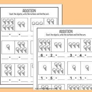 May include: Two black and white worksheets with the title "ADDITION" and instructions to count objects and find the sum. The worksheets feature ice cream cone illustrations for addition problems. The worksheets are on a light orange background.