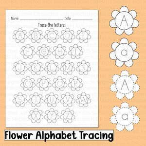Páginas de calco de primavera Hojas de trabajo del alfabeto Letras faltantes Práctica de escritura a mano ABC Imprimible para niños Jardín de infantes Preescolar Flor