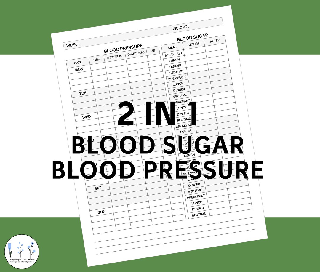 Blood Pressure and Blood Sugar Tracker 2 in 1 Weekly Log PDF Printable Medical and Health