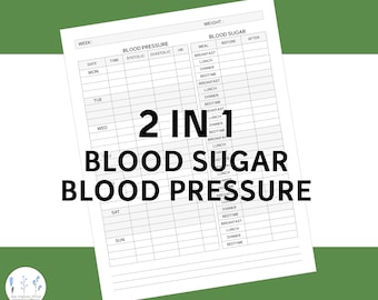 Blood Pressure and Blood Sugar Tracker 2 in 1 Weekly Log PDF Printable Medical and Health Planner Digital Instant Download