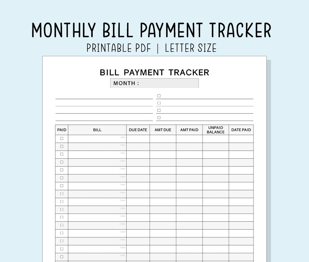 Bill Payment Tracker Printable Pdf Inserts Digital File Instant ...