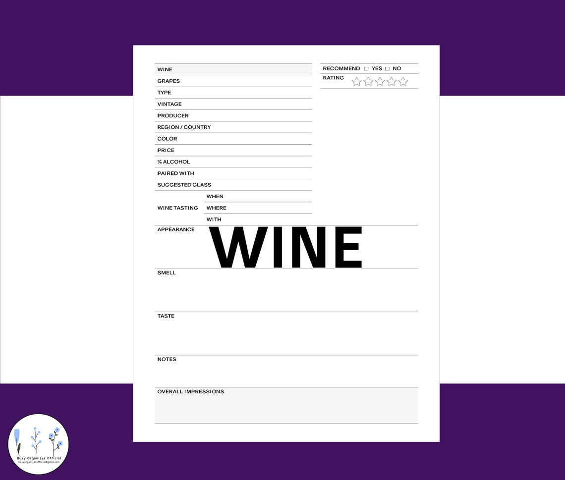 Wine Tasting Log Printable e 8.5 x 11 Pdf Digital Etsy