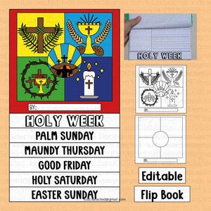 Könnte beinhalten: Ein druckbares Flipbook für Kinder, um die Heilige Woche kennenzulernen. Das Buch enthält Illustrationen der Ereignisse der Heiligen Woche, darunter Palmsonntag, Gründonnerstag, Karfreitag, Karsamstag und Ostersonntag. Das Buch ist editierbar und kann auf Papier im Format 21,6 x 27,9 cm gedruckt werden.