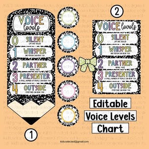 May include: A classroom voice levels chart set featuring a pencil-shaped sign and a rectangular sign, both with a black and white composition notebook pattern. The charts list levels 0 through 4 with text labels like Silent, Whisper, Partner, Presenter, and Outside.
