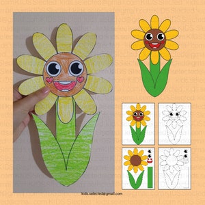 May include: A printable craft template for a smiling sunflower with a yellow face, red cheeks, and brown eyes. The template includes a full-color version, a black and white version, and a version with just the outline of the sunflower.