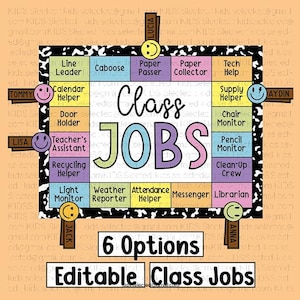 May include: A rectangular classroom job chart with a black and white cow print border. The center features the text Class JOBS in large colorful letters, surrounded by a grid of pastel-colored squares labeled with various student roles.