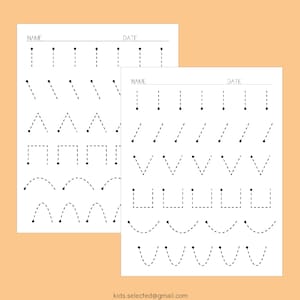 Puede incluir: Dos hojas de trabajo imprimibles en blanco y negro con líneas punteadas para trazar varias formas, incluidas líneas verticales, líneas diagonales, triángulos, cuadrados, arcos y curvas. Las hojas de trabajo tienen espacios para un nombre y una fecha.
