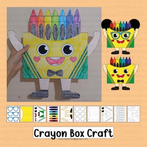 May include: A printable craft template for making a crayon box character. The template includes a yellow box with a smiling face, a bow tie, and a row of crayons. The template also includes a separate sheet with instructions and additional parts to customize the character.