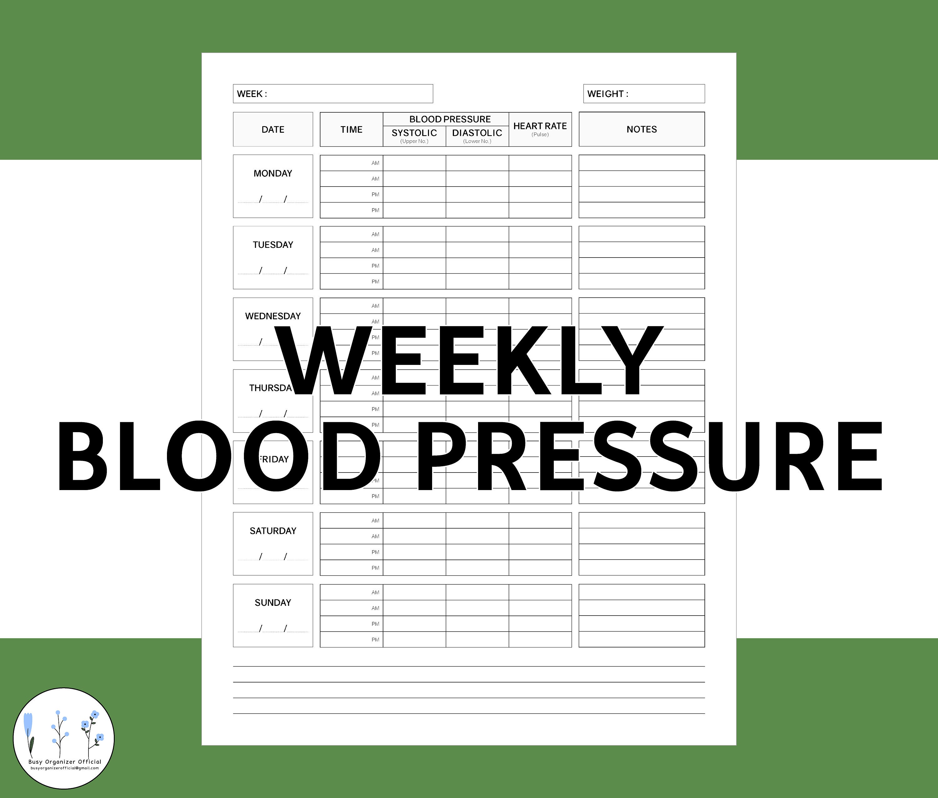 Blood Pressure Tracker Weekly Log PDF Printable Medical and Health ...