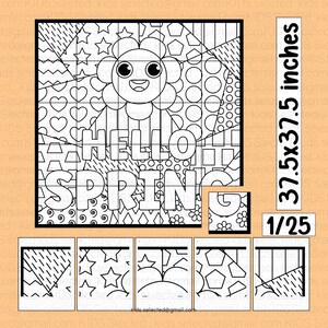 Könnte beinhalten: Eine schwarz-weiße druckbare Malvorlage mit einem Gitternetz darüber. Das Bild zeigt eine Cartoon-Blume mit einem fröhlichen Gesicht und den Worten "Hello Spring". Die Seite ist in 25 Quadrate unterteilt, wobei jedes Quadrat ein anderes Muster enthält. Die Seite ist 95,25 cm x 95,25 cm groß.