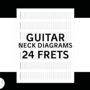 Könnte beinhalten: Druckbare Gitarrenhalsdiagramme mit 24 Bünden. Die Diagramme sind schwarzweiß und haben ein Rastermuster.