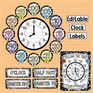 May include: A set of educational clock labels featuring a central clock face surrounded by circular markers for minutes from :00 to :55, each with a small bow. Includes rectangular labels for O'CLOCK, HALF PAST, QUARTER PAST, QUARTER TO, and a poster.