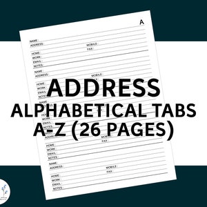 Contact List Printable Address Book with Alphabetical Tabs A-Z 26 Pages Pdf Digital Instant Download