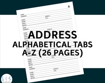 Contact List Printable Address Book with Alphabetical Tabs A-Z 26 Pages Pdf Digital Instant Download