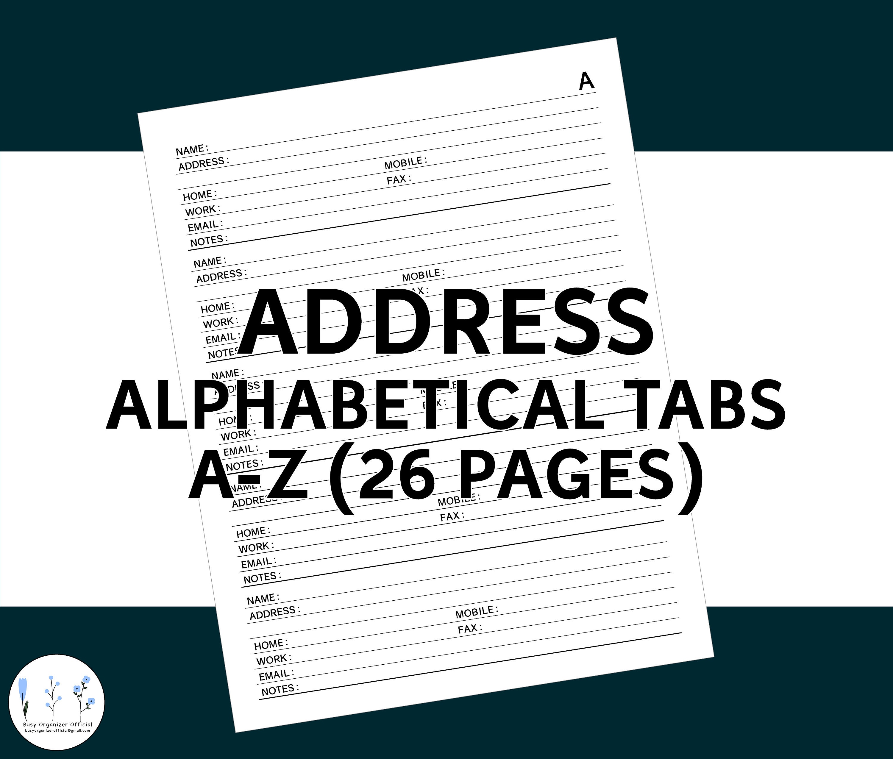 Contact List Printable Address Book With Alphabetical Tabs AZ 26 Pages
