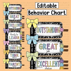 May include: An editable behaviour chart featuring black and white speckled rectangular labels with pastel bows and colourful text including Outstanding, Great Job, Excellent Choices, Ready to Learn, Make Better Choices, Think About It, and Parent Contact.