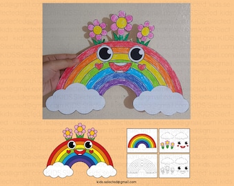 Regenbogen Handwerk Frühling Bulletin Board Malseite Aktivitäten Bunt Klassenzimmer Dekor Blume Ausschneiden und Einfügen Printable für Kind Kindergarten