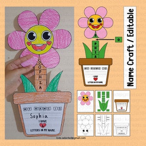 May include: A printable craft activity for kids to learn their name. The craft features a flower with a smiling face and a pot with a name tag. The name tag says "My name is Sophia. I have 6 letters in my name."