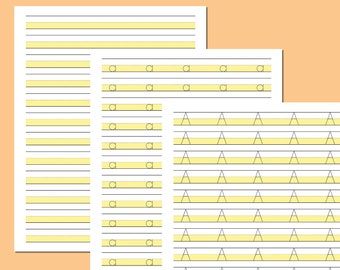 Handwriting Practice Sheet Highlighted Paper Yellow Lines Tracing Alphabet Letter A-Z PDF Printable Uppercase and Lowercase Writing Template