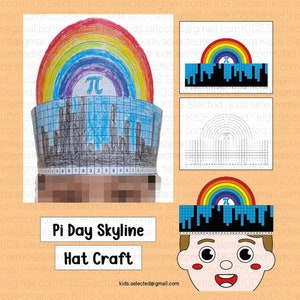 May include: A Pi Day Skyline Hat Craft project with a rainbow, a blue and black cityscape, and the number pi. The hat is made of paper and is decorated with a rainbow, a blue and black cityscape, and the number pi. The hat is designed to be worn by a child.