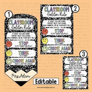 Peut inclure: Trois affiches de classe avec un motif de cahier de composition noir et blanc. Chacune présente le texte CLASSROOM Golden Rule, des conseils de bienveillance et trois icônes emoji colorées avec les invites STOP, THINK et CHOOSE AGAIN.