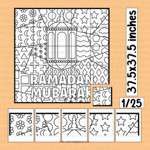May include: A black and white printable coloring page with a grid pattern. The image features a lantern, crescent moons, stars, and the text "RAMADAN MUBARAK". The page is 37.5 inches by 37.5 inches and is part of a 25-piece puzzle.