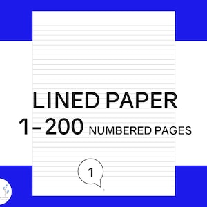 Carta a righe con pagine numerate 1-200 Pdf stampabile digitale con download istantaneo, fogli di carta da scrittura a righe universitarie, cancelleria