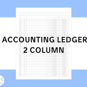 May include: A white accounting ledger with a grid pattern and the text "ACCOUNTING LEDGER 2 COLUMN" in bold black letters. The ledger has numbered rows and columns for financial record-keeping. The background is light blue with white stripes.