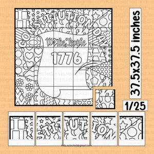 May include: A black and white coloring page featuring a graphic design of the words "Constitution Day" with a banner that reads "We the People" and the year "1776". The design is divided into 25 squares, making it a fun and engaging activity for kids.