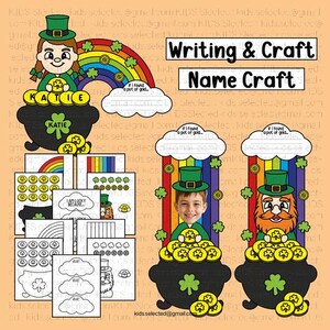 May include: A St. Patrick's Day themed craft set featuring a leprechaun, pot of gold, rainbow, and the text "Writing & Craft Name Craft". Includes printable templates for kids' activities.