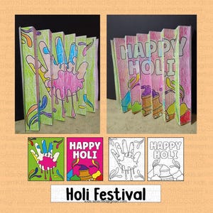 以下が含まれることがあります： インドのホーリー祭を表すカラフルなペーパークラフト。手形にカラフルな絵の具のしぶきが飛び散り、さまざまなパネルに「ハッピーホーリー」の文字が繰り返されています。