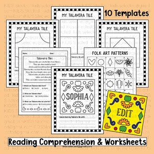 May include: A collection of 10 educational worksheets and templates titled My Talavera Tile and Folk Art Patterns. The black and white pages feature reading comprehension questions, drawing grids, and a colorful example tile with the text EDIT.