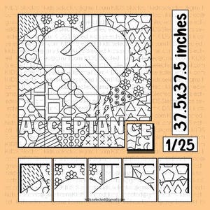Puede incluir: Rompecabezas de arte lineal en blanco y negro con la palabra "ACCEPTANCE" y un diseño de apretón de manos en forma de corazón. El rompecabezas mide 95,25 x 95,25 cm y está etiquetado 1/25. El diseño incluye formas geométricas y florales.