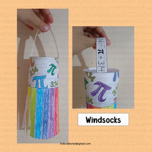 May include: A colorful windsock made from a cardboard tube decorated with the mathematical symbol pi and the number 3.14. The windsock has a rainbow-colored fringe at the bottom and a white handle at the top. The image also shows a ruler with the equation "H π = 3 1/4".