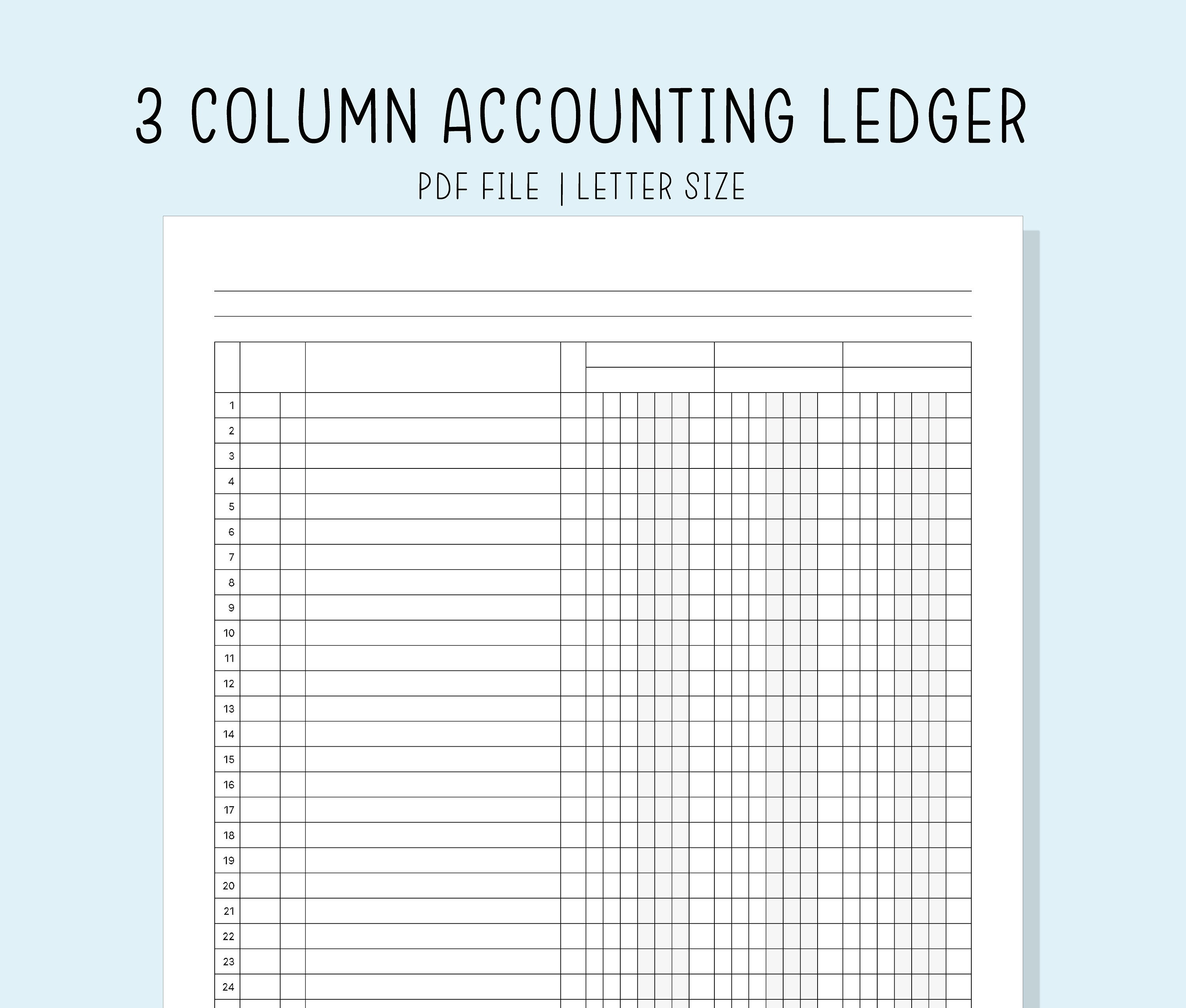 Accounting Ledger Book 3 Column Printable Pdf Inserts Digital File