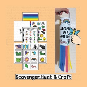 May include: A craft kit with a spring theme, featuring a paper tube lantern with the text "Signs of Spring" and colorful streamers. The kit includes scavenger hunt cards with spring-related illustrations and a rainbow-colored paper strip.